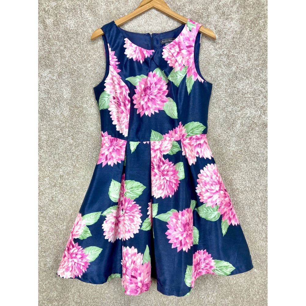 Jessica Howard Floral Fit & Flare Dress Womens 8 Navy Pink Summer Spring Party - Picture 2 of 12